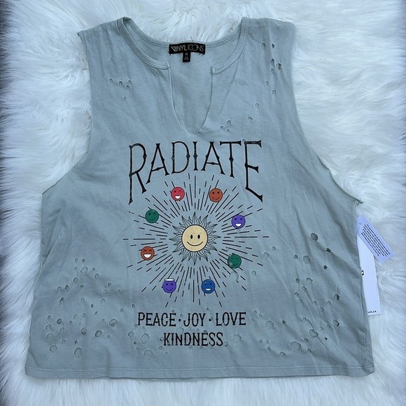 🆕Vinylicons Graphic Tank Top Radiate Peace Joy Love V-Neck Smiley Faces XS - Picture 4 of 12